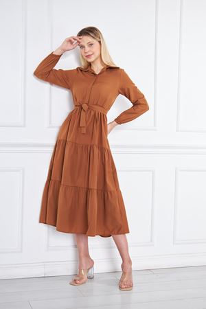 Kadın Katlı Gömlek Yaka Elbise KAHVE
