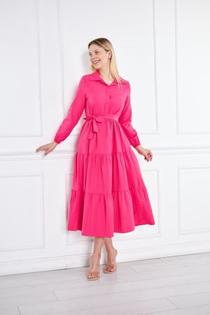 Kadın Katlı Gömlek Yaka Elbise Fuşya