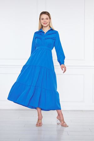 Kadın Katlı Pilise Detaylı Gömlek Yaka Elbise SAKS MAVİ