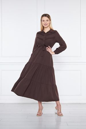 Kadın Katlı Pilise Detaylı Gömlek Yaka Elbise KAHVE