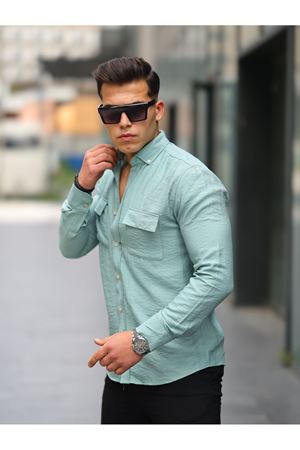Erkek A Kalite Keten Slim Fit Uzun Kol Çift Kapaklı Gömlek MİNT YEŞİL