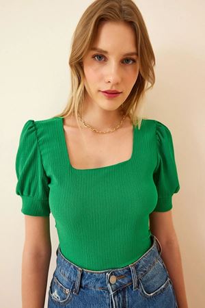 Kare Yaka Örme Bluz YEŞİL
