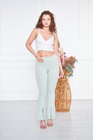 Kadın Yırtmaçlı Ispanyol Paça Pantolon SU YEŞİLİ