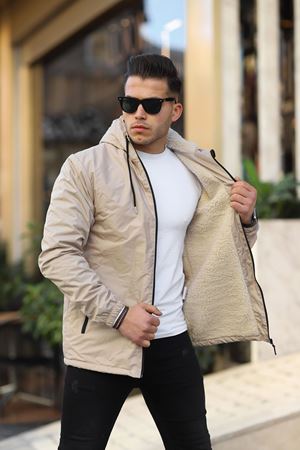 Erkek Içi Kürklü Suya Dayanıklı Kapüşonlu Cepli Yağmurluk TAŞ