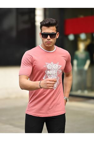 Erkek Slim Fit Nakış Desenli T-Shirt GÜL KURUSU