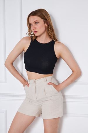 Kadın Düz Crop Top Bluz SİYAH