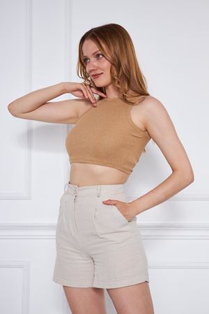 Kadın Düz Crop Top Bluz VİZON
