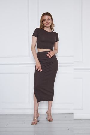 Kadın Crop ve Yırtmaçlı Etek Takım KAHVE