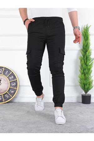 Erkek Yıkamalı Likralı Kumaş Kargo Bel Paça Lastikli Pantolon SİYAH