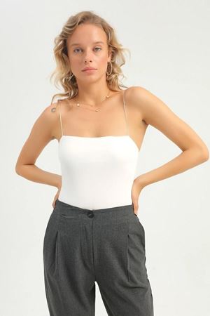 Ince Askılı Bodysuit Siyah Ekru