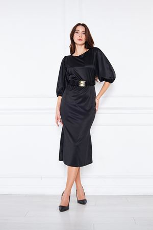 Arkası U Yakalı Lastik Kemerli Midi Boy Saten Abiye Elbise SİYAH