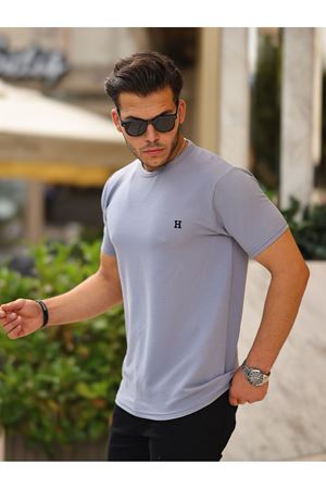 Erkek Slim Fit Waffle Kumaş Sıfır Yaka Nakışlı T-Shirt GRİ