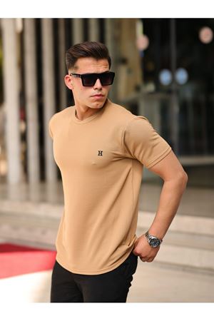Erkek Slim Fit Waffle Kumaş Sıfır Yaka Nakışlı T-Shirt SÜTLÜ KAHVE