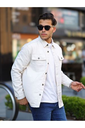 Erkek Oversize Geniş Kesim Çift Cep Denim Ceket KREM