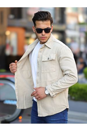 Erkek Oversize Geniş Kesim Çift Cep Denim Ceket BEJ