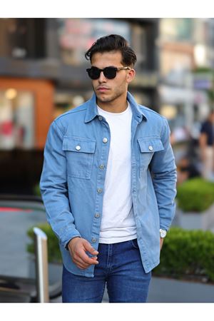 Erkek Oversize Geniş Kesim Çift Cep Denim Ceket İNDİGO