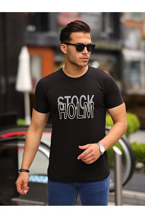 Stockholm Baskılı Sıfır Yaka T-Shirt SİYAH