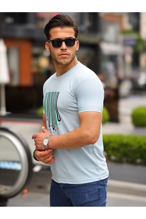 Baskılı Sıfır Yaka T-Shirt BUZ MAVİ