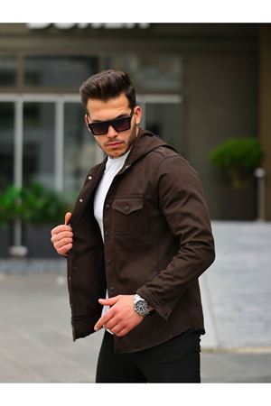 Erkek Kapüşonlu Çıt Çıt Düğme ( Rahat Kalıp ) Kot Gömlek  KESTANE