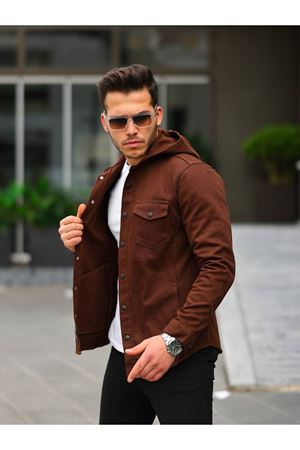 Erkek Kapüşonlu Çıt Çıt Düğme ( Rahat Kalıp ) Kot Gömlek  K.KAHVE