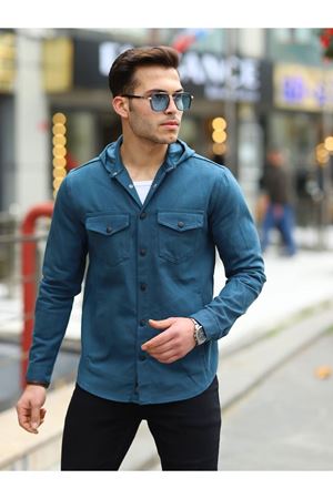 Erkek Kapüşonlu Çıt Çıt Düğme ( Rahat Kalıp ) Kot Gömlek  İNDİGO