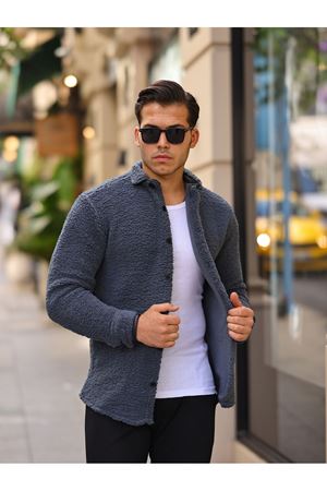 Erkek Kürklü Peluş Rahat Kalıp Gömlek İNDİGO