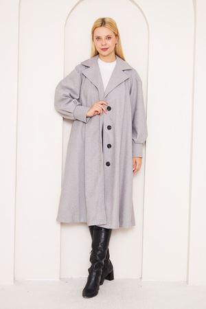 Kadın Balon Kol Oversize Manşetli Kaşe Kaban GRİ