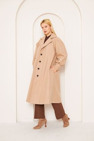 Kadın Balon Kol Oversize Desenli Manşetli Kaşe Kaban BEJ