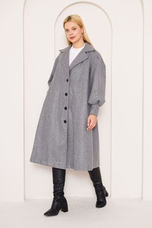 Kadın Balon Kol Oversize Desenli Manşetli Kaşe Kaban GRİ