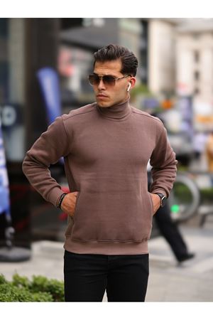 Boğazlı Cepli Üç iplik sweat KAHVE