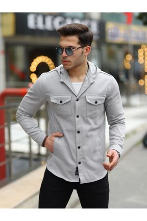 Erkek Kapüşonlu Çıt Çıt Düğme ( Rahat Kalıp ) Kot Gömlek  A.GRİ