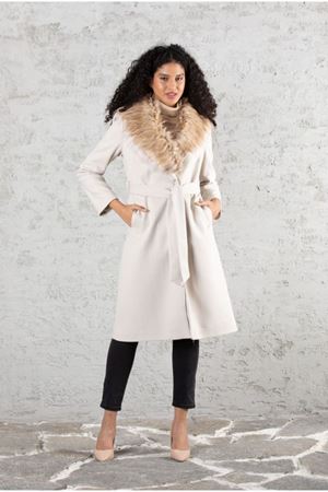 Boyun Kürklü İçi Astarlı Kaşe Kaban KREM