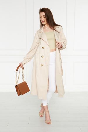 Astarsız Cepli Düğmeli Kuşaklı Yazlık Trenç BEJ