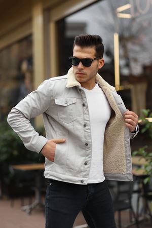 ERKEK İÇİ KÜRKLÜ KOT CEKET TAŞ-KREM