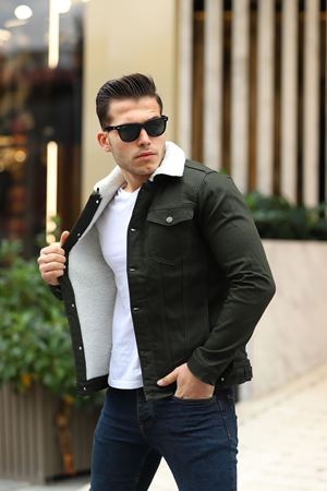 ERKEK İÇİ KÜRKLÜ KOT CEKET HAKİ-BEYAZ