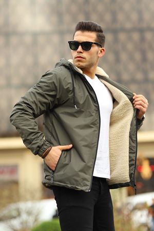 Erkek Içi Kürklü Suya Dayanıklı Kapüşonlu Cepli Yağmurluk HAKİ