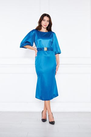 Arkası U Yakalı Lastik Kemerli Midi Boy Saten Abiye Elbise LACİVERT