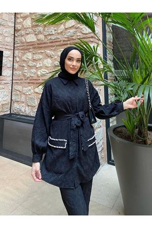 Kadın Jakarlı Bel Kuşaklı Cep Taşlı Alt Üst Takım SİYAH