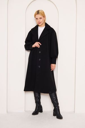 Kadın Balon Kol Oversize Manşetli Kaşe Kaban SİYAH