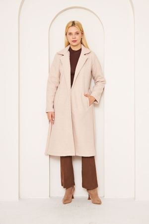 Kadın Yün Karışımlı Astarsız Buklet Kaban BEJ