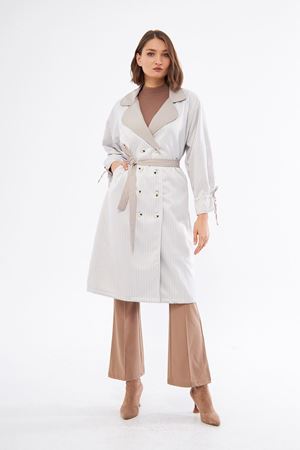Kadın Belden Bağlamalı Çizgili Trençkot BEJ