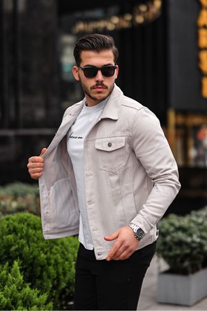 Erkek A Kalite Slim Fit Denim Kot Ceket BEJ