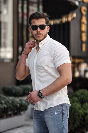 Erkek Kendinden Çizgi Desenli Gömlek BEYAZ