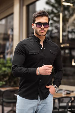 Slim Fit Çıtçıtlı Çift Cep Kot Gömlek SİYAH