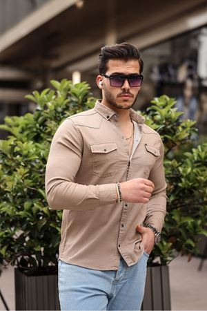Slim Fit Çıtçıtlı Çift Cep Kot Gömlek VİZON