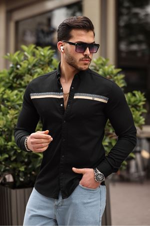 Slim Fit Ön Şerit Detaylı Çıtçıtlı Kot Gömlek SİYAH