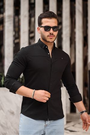 Düz Çıtçıtlı Slim Fit Kot Gömlek SİYAH