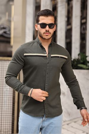 Slim Fit Ön Şerit Detaylı Çıtçıtlı Kot Gömlek HAKİ