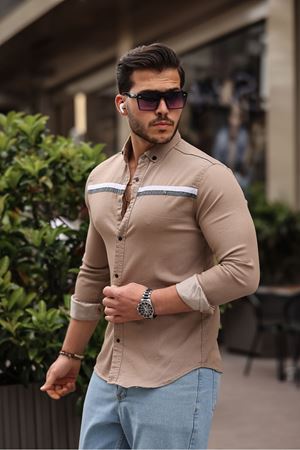 Slim Fit Ön Şerit Detaylı Çıtçıtlı Kot Gömlek VİZON
