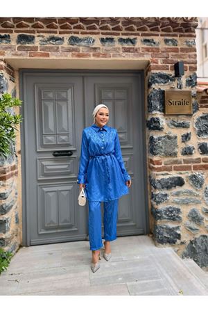 Belden Bağlamalı Kendinden Desenli Takım SAKS MAVİ